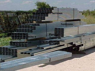 Aplicaciones de los metales ferrososAcero                                                                                 FundicionesHerramientasCacharros de cocina y cubiertosElectrodomésticosClavosFarolasTapas de alcantarillasMotores…