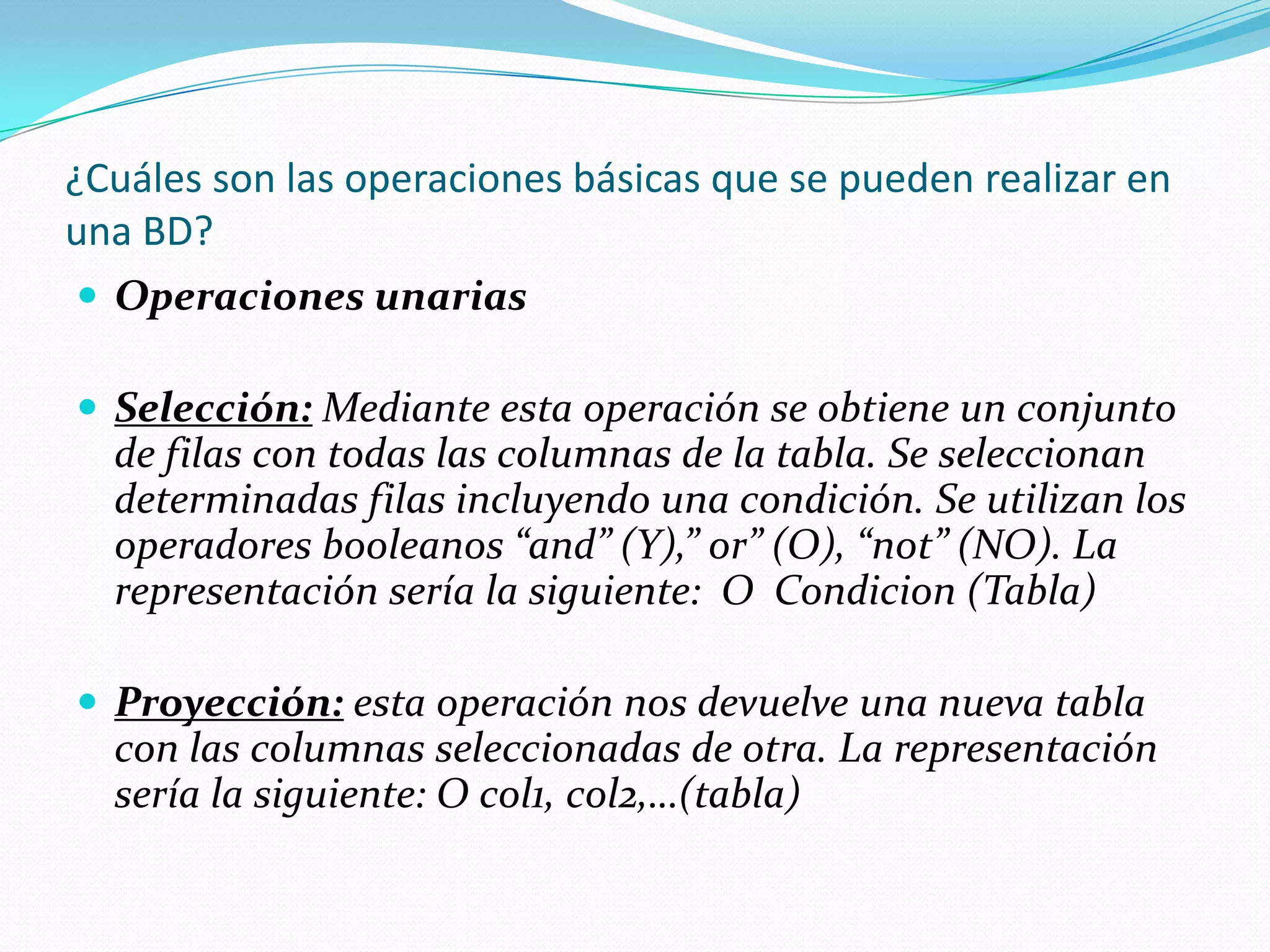 ¿Que es una BD Relacional?Una base de datos relacional es una base de datos que cumple con el modelo relacional, el cual es el modelo más utilizado en la actualidad para implementar bases de datos ya planificadas. Permiten establecer interconexiones (relaciones) entre los datos (que están guardados en tablas), y a través de dichas conexiones relacionar los datos de ambas tablas, de ahí proviene su nombre: "Modelo Relacional". Tras ser postuladas sus bases en 1970 por Edgar Frank Codd, de los laboratorios IBM en San José (California), no tardó en consolidarse como un nuevo paradigma en los modelos de base de datos .1
