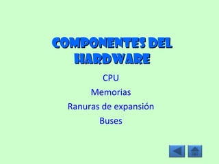 Componentes del hardware CPU Memorias Ranuras de expansión Buses 