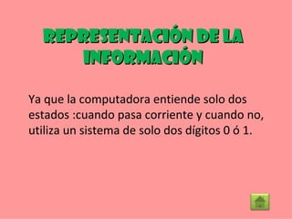 Representación de la información Ya que la computadora entiende solo dos estados :cuando pasa corriente y cuando no, utiliza un sistema de solo dos dígitos 0 ó 1. 