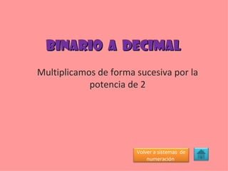 Binario  a  decimal Multiplicamos de forma sucesiva por la potencia de 2 Volver a sistemas  de numeración  