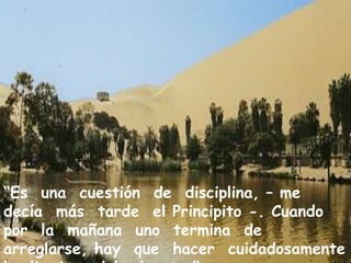 “Es  una  cuestión  de  disciplina, – me decía  más  tarde  el Principito -. Cuando  por  la  mañana  uno  termina  de arreglarse, hay  que  hacer  cuidadosamente  la  limpieza del  planeta.”  Cap. V