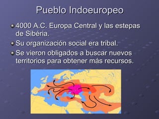 Pueblo Indoeuropeo 4000 A.C. Europa Central y las estepas de Sibéria. Su organización social era tribal. Se vieron obligados a buscar nuevos territorios para obtener más recursos. 