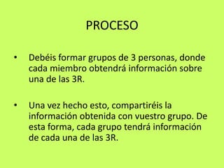 PROCESODebéis formar grupos de 3 personas, donde cada miembro obtendrá información sobre una de las 3R. Una vez hecho esto, compartiréis la información obtenida con vuestro grupo. De esta forma, cada grupo tendrá información de cada una de las 3R. 