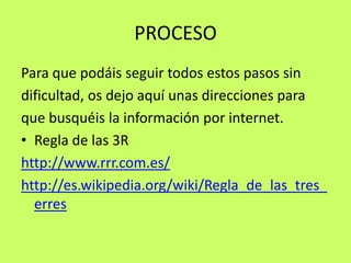 PROCESOPara que podáis seguir todos estos pasos sindificultad, os dejo aquí unas direcciones paraque busquéis la información por internet.Regla de las 3R http://www.rrr.com.es/http://es.wikipedia.org/wiki/Regla_de_las_tres_erres