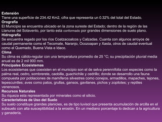 Extensión   Tiene una superficie de 234.42 Km2, cifra que representa un 0.32% del total del Estado.   Orografía   El Municipio se encuentra ubicado en la zona sureste del Estado; dentro de la región de las Llanuras del Sotavento, por tanto esta  conformado  por grandes dimensiones de suelo plano.   Hidrografía   Se encuentra regado por los ríos Coatzacoalcos y Calzadas. Cuanta con algunos arroyos de caudal permanente como el Tecomate, Naranjo, Ocozoapan y Xasta, otros de caudal eventual como el Quemado, Buena Vista e Idaco.   Clima   Su clima es cálido-regular con una temperatura promedio de 25 °C; su precipitación pluvial media anual es de 2 mil 900 mm.   Principales Ecosistemas   Los ecosistemas que coexisten en el municipio son el de selva perennifolia con especies como la palma real, cedro, sombrerete, caobilla, guachichile y cedrillo; donde se desarrollo una fauna compuesta por poblaciones de mamíferos silvestres como conejos, armadillos, mapaches, tejones, tepescuintles; aves como patos, grullas, gansos, gavilanes, pichos y zopilotes; y reptiles venenosos.   Recursos Naturales   Su riqueza esta representada por minerales como el silicio.   Características de Uso del Suelo    Su suelo constituye grandes planicies, es de tipo luvisol que presenta acumulación de arcilla en el subsuelo con alta susceptibilidad a la erosión. En un mediano porcentaje lo dedican a la agricultura y ganadería.   