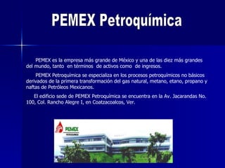 PEMEX Petroquímica PEMEX es la empresa más grande de México y una de las diez más grandes del mundo, tanto  en términos  de activos como  de ingresos.  PEMEX Petroquímica se especializa en los procesos petroquímicos no básicos derivados de la primera transformación del gas natural, metano, etano, propano y naftas de Petróleos Mexicanos.  El edificio sede de PEMEX Petroquímica se encuentra en la Av. Jacarandas No. 100, Col. Rancho Alegre I, en Coatzacoalcos, Ver. 
