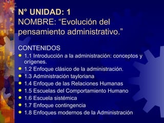 N° UNIDAD: 1 NOMBRE: “Evolución del pensamiento administrativo.” CONTENIDOS 1.1 Introducción a la administración: conceptos y orígenes. 1.2 Enfoque clásico de la administración. 1.3 Administración tayloriana 1.4 Enfoque de las Relaciones Humanas 1.5 Escuelas del Comportamiento Humano 1.6 Escuela sistémica 1.7 Enfoque contingencia 1.8 Enfoques modernos de la Administración 