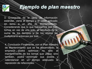 Ejemplo de plan maestro 3. Enseguida de la tabla de información estándar, viene el tiempo y el costo aplicado en torno a un año de Mantenimiento. Considerando que lo que trabajamos son tres tornos en vez de uno solo, el resultado de la suma de los tiempos y de los costos se multiplicaría entonces por tres. 4. Conclusión Finalmente, con el Plan Maestro de Mantenimiento que se ha desarrollado, la empresa podrá optimizar no sólo el mantenimiento de los tornos que utiliza; sino también, podrá minimizar sus costos y calendarizar en un tiempo adecuado la reposición de refacciones. 