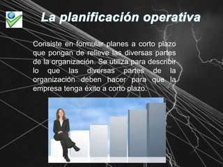 La planificación operativa Consiste en formular planes a corto plazo que pongan de relieve las diversas partes de la organización. Se utiliza para describir lo que las diversas partes de la organización deben hacer para que la empresa tenga éxito a corto plazo.
