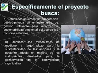 Específicamente el proyecto busca:a) Establecer acuerdos de cooperación público-privada como instrumento de gestión relevante para alcanzar la sustentabilidad ambiental del uso de los recursos naturales.b) Identificar los mecanismos de mediano y largo plazo para la sustentabilidad de las acciones y la posterior puesta en marcha de los instrumentos diseñados para la conservación de la biodiversidad significativa 