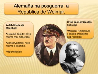 Alemañana posguerra: a Republica de Weimar.Criseeconomica dos anos 30:*Mariscal Hindenburg e elixido presidente daq republicaA debilidade da Reublica:*Extrema dereita: novoreximemoi moderado.*Conservadores: novorexime e ilexitimo.*Hiperinflacion