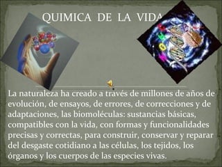 QUIMICA DE LA VIDA La naturaleza ha creado a través de millones de años de evolución, de ensayos, de errores, de correcciones y de adaptaciones, las biomoléculas: sustancias básicas, compatibles con la vida, con formas y funcionalidades precisas y correctas, para construir, conservar y reparar del desgaste cotidiano a las células, los tejidos, los órganos y los cuerpos de las especies vivas.