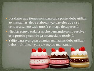 Los datos que tienes son: para cada pastel debe utilizar 30 manzanas, debe elaborar 350 pasteles que va a vender a $2.500 cada uno. Y el mago desapareció.Nicolás estuvo toda la noche pensando como resolver esta prueba y cuando ya amanecía lo resolvió.Y dijo para averiguar cuantas manzanas debe utilizar debo multiplicar 350x30= 10.500 manzanas.