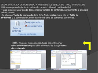 MARCAR ELEMENTOS DE TEXTO CONCRETOSSi desea que la tabla de contenido incluya texto que no tiene formato de título, puede utilizar este procedimiento para marcar elementos de texto específicos.Seleccione el texto que desea incluir en la tabla de contenido.