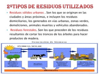 Residuos sólidos urbanos  . Son los que se originan en las ciudades y áreas próximas, e incluyen los residuos domiciliarios, los generados en vías urbanas, zonas verdes, demoliciones, animales muertos y vehículos abandonados. Residuos forestales . Son los que proceden de los residuos resultantes de cortar los troncos de los árboles para hacer productos de madera.  Residuos agropecuarios . Pueden ser agrícolas o ganaderos, según el tipo de explotación agropecuaria que los origine.  