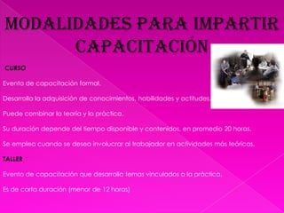 TECNICAS GRUPALES: Consiste en ejercicios vivenciales, dinámicas grupales como los juegos de roles, psicodramas, Phillips 66, lluvias de ideas, y otros que pueden ser valiosos elementos para llevar a cabo la capacitación de acuerdo a los objetivos planteadosCOMO ELABORAR un Plan Y PROGRAMA  de CapacitaciónConstituyen en si el conjunto de acciones sistematizadas para orientar el proceso capacitador en un centro laboral o conjunto de ellos.El plan permite tener una visión general acerca de lo que se desea realizar.Datos generales de la organización. Nombre, dirección, registro, etc.