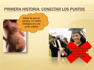 Primera historia: Conectar los puntosAntes de que yo naciera, mi madre biológica era una joven solteraMi madre biológica se dio cuenta de que nunca ingreso a la Universidad
