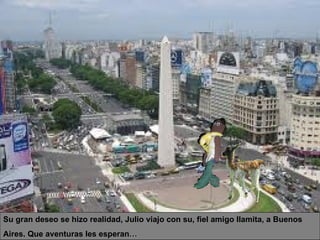 Su gran deseo se hizo realidad, Julio viajo con su, fiel amigo llamita, a Buenos  Aires. Que aventuras les esperan … 