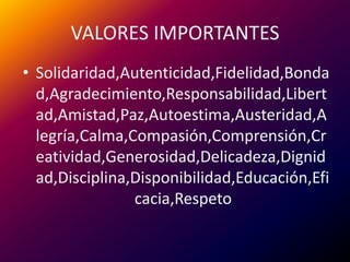 VALORES IMPORTANTESSolidaridad,Autenticidad,Fidelidad,Bondad,Agradecimiento,Responsabilidad,Libertad,Amistad,Paz,Autoestima,Austeridad,Alegría,Calma,Compasión,Comprensión,Creatividad,Generosidad,Delicadeza,Dignidad,Disciplina,Disponibilidad,Educación,Eficacia,Respeto