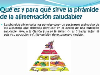 Qué es y para qué sirve la pirámide de la alimentación saludable?La pirámide alimentaria nos permite tener un parámetro estimativo de los alimentos que debemos consumir en el marco de una nutrición saludable. Hoy, a la clásica guía se le suman otras creadas según el país y su población y Chile también tiene su propio modelo.