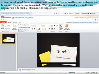 Al igual que el Word, Power point tiene una pestaña de “inicio” en ella vemos las funciones básicas del programa.  A diferencia del Word aquí nos dan la opción de crear o eliminar diapositivas  o de cambiar el tema de las diapositivas.