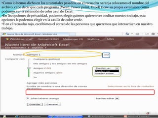 Como lo hemos dicho en los 2 tutoriales pasados, en el recuadro naranja colocamos el nombre del archivo, cabe decir que cada programa (Word, Power point, Excel) tiene su propia extensión, como podemos ver la extensión de color azul de Excel.