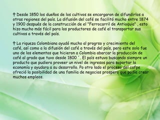 El café se empezó a consumir en las altiplanicies de Abisinia, donde crecía en forma silvestre su modalidad llamada Arábica. Pero los grandes propagadores del café fueron los holandeses, que explotaron grandes plantaciones del mismo en sus colonias de Ceilán e Indonesia.Ellos fueron los importadores del cafeto y quienes lo aclimataron en los jardines botánicos de Ámsterdam, Paris y Londres, desde donde pasó a la Guayana holandesa, al Brasil, a Centroamérica y a otros muchos países. Gracias a lo cual en tres siglos esta infusión ha pasado de ser casi desconocida a convertirse en una bebida universal que Bach, Balzac, Beethoven, Goldoni, Napoleón, Rossini, Voltaire y otros muchos personajes de la historia han consumido en grandes cantidades y elogiado desmesuradamente.