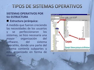 TIPOS DE SISTEMAS OPERATIVOSSistemas Operativos por su Estructura(visión interna).Por los servicios que ofrecen. Por la forma en que ofrecen sus servicios (visión externa). 
