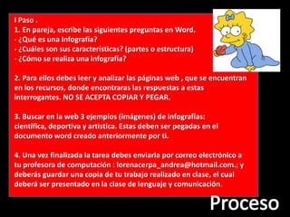 I Paso .
1. En pareja, escribe las siguientes preguntas en Word.
- ¿Qué es una Infografía?
- ¿Cuáles son sus características? (partes o estructura)
- ¿Cómo se realiza una infografía?

2. Para ellos debes leer y analizar las páginas web , que se encuentran
en los recursos, donde encontraras las respuestas a estas
interrogantes. NO SE ACEPTA COPIAR Y PEGAR.

3. Buscar en la web 3 ejemplos (imágenes) de infografías:
científica, deportiva y artística. Estas deben ser pegadas en el
documento word creado anteriormente por ti.

4. Una vez finalizada la tarea debes enviarla por correo electrónico a
tu profesora de computación : lorenacerpa_andrea@hotmail.com.; y
deberás guardar una copia de tu trabajo realizado en clase, el cual
deberá ser presentado en la clase de lenguaje y comunicación.
 