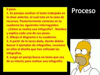 II paso.
1. En parejas analizar el texto trabajado en
la clase anterior, el cual esta en la zona de
recursos. Posteriormente contesta en tu
cuaderno las siguientes interrogantes:
- ¿Cómo se realiza una infografía? . Nombra
y explica cada uno de sus pasos.
2. Dibuja el diagrama n tu cuaderno.
3. A partir de la tarea dada, donde debías
buscar 3 ejemplos de infografías, reconoce
en ellas el diseño que han utilizado las
infografías.
4. Luego en pareja busca un tema que sea
de su interés para realizar una infografía.
 