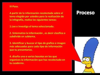 III Paso.

A partir de la información recolectada sobre el
tema elegido por ustedes para la realización de
la infografía, realiza las siguientes tareas:

1.Lee e investiga el tema seleccionado.

2. Sistematiza la información , es decir clasifica o
subdivide en subtema.

3. Identificar y buscar el tipo de grafico o imagen
más adecuadas para cada tipo de información
que tu presentarías.

4. diseña uno o varios bocetos en los que
organices la información que haz recolectado en
tu cuaderno.
 