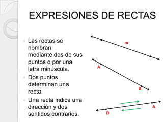 EXPRESIONES DE RECTASLas rectas se nombran mediante dos de sus puntos o por una letra minúscula.Dos puntos determinan una recta.Una recta indica una dirección y dos sentidos contrarios.mABAB