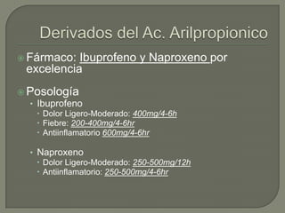  Fármaco:  Ibuprofeno y Naproxeno por
  excelencia
 Posología
  • Ibuprofeno
     Dolor Ligero-Moderado: 400mg/4-6h
     Fiebre: 200-400mg/4-6hr
     Antiinflamatorio 600mg/4-6hr

   • Naproxeno
      Dolor Ligero-Moderado: 250-500mg/12h
      Antiinflamatorio: 250-500mg/4-6hr
 