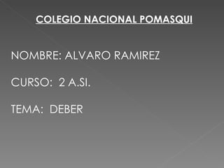COLEGIO NACIONAL POMASQUI NOMBRE: ALVARO RAMIREZ CURSO:  2 A.SI. TEMA:  DEBER 