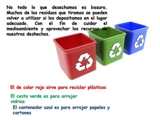 No todo lo que desechamos es basura. Muchos de los residuos que tiramos se pueden volver a utilizar si los depositamos en el lugar adecuado. Con el fin de cuidar el medioambiente y aprovechar los recursos de nuestros deshechos.El de color rojo sirve para reciclar plásticos El cesto verde es para arrojar vidriosEl contenedor azul es para arrojar papeles y cartones