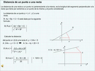 Distancia de un punto a una recta  La distancia de una recta a un punto no perteneciente a la misma, es la longitud del se...