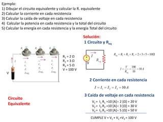 Ejemplo:1) Dibujar el circuito equivalente y calcular la R. equivalente2) Calcular la corriente en cada resistencia3) Calcular la caída de voltaje en cada resistencia4)  Calcular la potencia en cada resistencia y la total del circuito5) Calcular la energía en cada resistencia y la energía Total del circuito Solución: 1 Circuito y Req R1 = 2 Ω R2= 3 Ω R3= 5 Ω V = 100 V V V 2 Corriente en cada resistencia 3 Caída de voltaje en cada resistencia Circuito Equivalente V1 =  I1R1 =10 [A]2 [Ω] = 20 V V2 =  I2 R2=10 [A]3 [Ω] = 30 V V3 =  I3 R3=10 [A]5 [Ω] = 50 V CUMPLE V = V1 +V2 +V3 = 100 V 