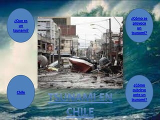 ¿Cómo se
 ¿Que es
            provoca
   un
              un
tsunami?
           tsunami?




             ¿Cómo
            cubrirse
 Chile
            ante un
           tsunami?
 