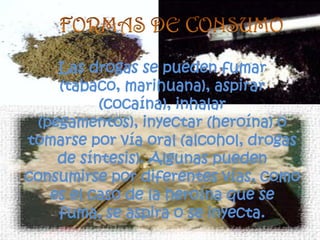 Las drogas se pueden fumar
     (tabaco, marihuana), aspirar
           (cocaína), inhalar
  (pegamentos), inyectar (heroína) o
tomarse por vía oral (alcohol, drogas
     de síntesis). Algunas pueden
consumirse por diferentes vías, como
    es el caso de la heroína que se
     fuma, se aspira o se inyecta.
 