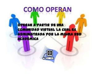 Operan a partir de una
comunidad virtual la cual es
administrada por la misma red
académica
 