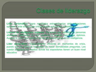 Líder carismático: logra resultados extraordinarios ante situaciones
optimas y ante situaciones criticas busca soluciones consistentes.

Lideres de inteligencia superior: Personas que administras personas
altamente calificadas lo cual conlleva a obtener resultados óptimos.
Aunque lo único que admiran de las demás personas es su inteligencia.

Líder autocrático: Especialmente eficiente en momentos de crisis,
puesto que no siente la necesidad de hacer demasiadas preguntas. Les
cuesta adaptarse en medios donde los expositores tienen un buen nivel
educativo
 