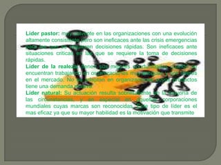 Líder pastor: muy solvente en las organizaciones con una evolución
altamente consistente pero son ineficaces ante las crisis emergencias
para las que se requieren decisiones rápidas. Son ineficaces ante
situaciones criticas en las que se requiere la toma de decisiones
rápidas.
Líder de la realeza: tienen sus mejores oportunidades cuando se
encuentran trabajando en organizaciones muy antiguas y son líderes
en el mercado. No se adaptan en organizaciones cuyos productos
tiene una demanda masiva.
Líder natural: Su actuación resulta sobresaliente en la mayoría de
las circunstancias, y en especial en aquellas corporaciones
mundiales cuyas marcas son reconocidas. Este tipo de líder es el
mas eficaz ya que su mayor habilidad es la motivación que transmite.
 