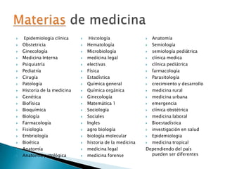     Epidemiología clínica        Histología                Anatomía
   Obstetricia                  Hematología                Semiología
   Ginecología                  Microbiología              semiología pediátrica
   Medicina Interna             medicina legal             clínica medica
   Psiquiatría                  electivas                  clínica pediátrica
   Pediatría                    Física                     farmacología
   Cirugía                      Estadística                Parasitología
   Patología                    Química general            crecimiento y desarrollo
   Historia de la medicina      Química orgánica           medicina rural
   Genética                     Ginecología                medicina urbana
   Biofísica                    Matemática 1               emergencia
   Bioquímica                   Sociología                 clínica obstétrica
   Biología                     Sociales                   medicina laboral
   Farmacología                 Ingles                     Bioestadística
   Fisiología                   agro biología              investigación en salud
   Embriología                  biología molecular         Epidemiologia
   Bioética                     historia de la medicina    medicina tropical
   Anatomía                     medicina legal            Dependiendo del país
   Anatomía patológica          medicina forense            pueden ser diferentes
 
