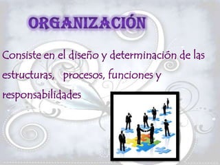Consiste en el diseño y determinación de las
estructuras, procesos, funciones y
responsabilidades
 