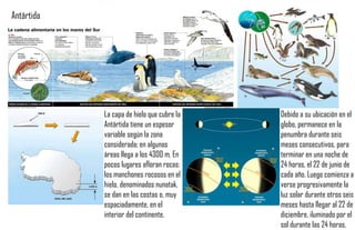 Antártida




            La capa de hielo que cubre la   Debido a su ubicación en el
            Antártida tiene un espesor      globo, permanece en la
            variable según la zona          penumbra durante seis
            considerada; en algunas         meses consecutivos, para
            áreas llega a los 4300 m. En    terminar en una noche de
            pocos lugares afloran rocas:    24 horas, el 22 de junio de
            los manchones rocosos en el     cada año. Luego comienza a
            hielo, denominados nunatak,     verse progresivamente la
            se dan en las costas o, muy     luz solar durante otros seis
            espaciadamente, en el           meses hasta llegar al 22 de
            interior del continente.        diciembre, iluminado por el
                                            sol durante las 24 horas.
 