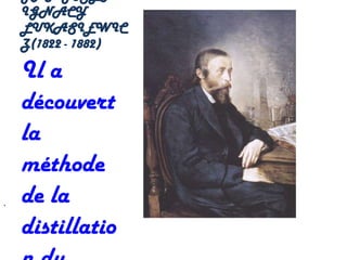 IGNACY
    LUKASIEWIC
    Z(1822 - 1882)

    Il a
    découvert
    la
    méthode
.   de la
    distillatio
 