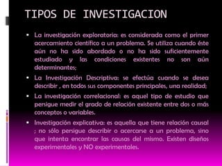 TIPOS DE INVESTIGACION
 La investigación exploratoria: es considerada como el primer
  acercamiento científico a un problema. Se utiliza cuando éste
  aún no ha sido abordado o no ha sido suficientemente
  estudiado y las condiciones existentes no son aún
  determinantes;
 La Investigación Descriptiva: se efectúa cuando se desea
  describir , en todos sus componentes principales, una realidad;
 La investigación correlacional: es aquel tipo de estudio que
  persigue medir el grado de relación existente entre dos o más
  conceptos o variables.
 Investigación explicativa: es aquella que tiene relación causal
  ; no sólo persigue describir o acercarse a un problema, sino
  que intenta encontrar las causas del mismo. Existen diseños
  experimentales y NO experimentales.
 