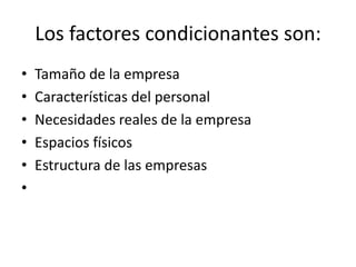 Los factores condicionantes son:
•   Tamaño de la empresa
•   Características del personal
•   Necesidades reales de la empresa
•   Espacios físicos
•   Estructura de las empresas
•
 
