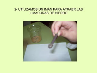 2- UTILIZAMOS UN IMÁN PARA ATRAER LAS LIMADURAS DE HIERRO